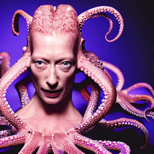 Prompt: closeup studio photograph of tilda swinton as an octopus, dramatic lighting, edited in photoshop