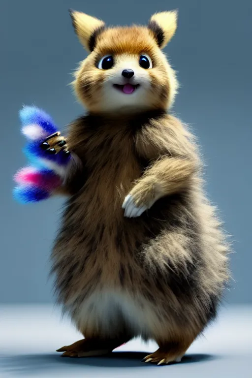 Image similar to high quality 3 d render hyperrealist very cute multicolor fluffy! cyborg!! quokka hybrid with wings!!!, highly detailed, vray smooth, in the style of detective pikachu, hannah yata charlie immer, dramatic blue light, low angle, uhd 8 k, sharp focus