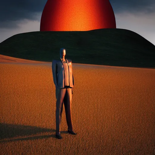 Image similar to a mannequin standing in a hill with a nuclear detonation in the background, 3 d render, octane, ray tracing, ultra detailed, photorealistic, ultra high resolution, 8 k