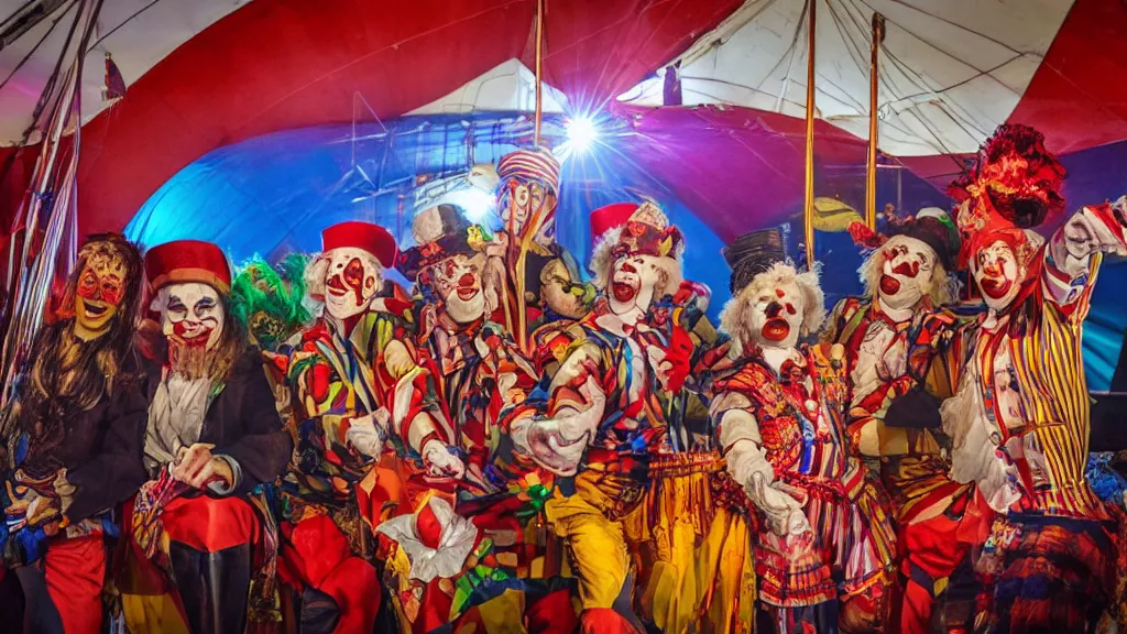 Image similar to of a gang of circus clowns, drinking alcohol, inside a circus tent, 4K