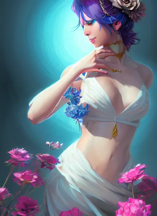 Prompt: female magician, wide angle view, flowers, blue, black, pink, gold, diamonds, highly detailed, artgerm, cushart krenz, artstation, soft light, sharp focus, illustration, character design, concept art