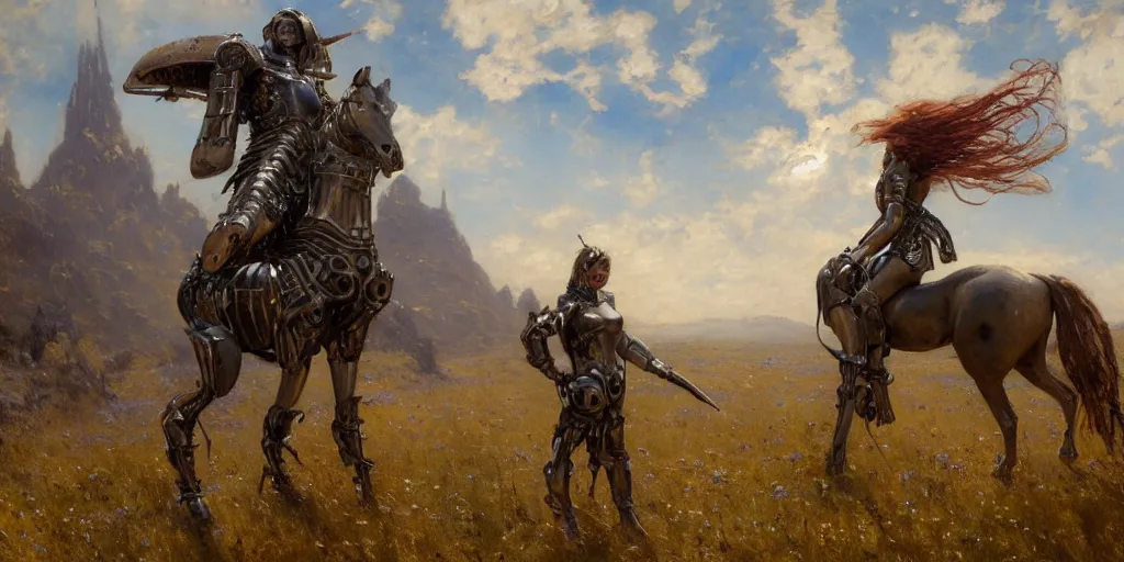 Image similar to full body girl medieval armor ccyborg and one metal horse landscape of meadow poses by gaston bussiere, anna nikonova aka newmilky, greg rutkowski, yoji shinkawa, yoshitaka amano, moebius, donato giancola, geoffroy thoorens, trending on artstation, featured on pixiv, cinematic composition, 8 k