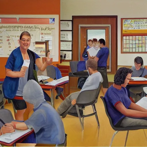 Prompt: realistic painting of adult students working together in a classroom while a professor walks around the room