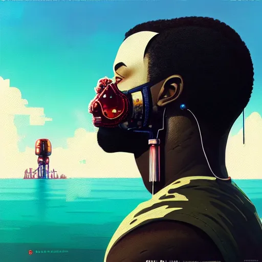 Image similar to side profile of a black man :: blood :: background sea :: intricate details :: futuristic oxygen mask :: 8k :: simon stalenhag and Sandra Chevrier