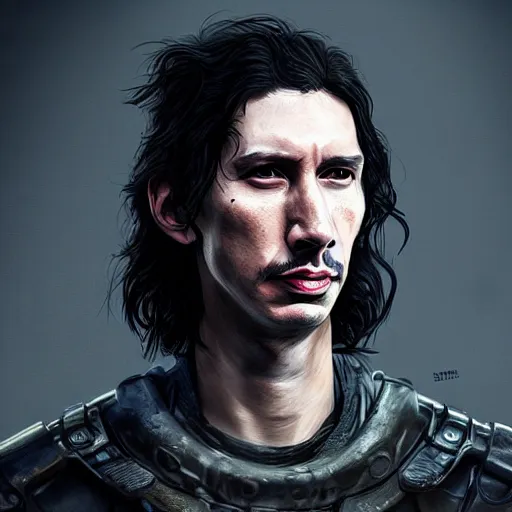 Image similar to adam driver portrait, dystopia core, apocalyptic, armor, warrior, dramatic, sharp focus, fiction, neon, fantasy, hyper detailed, digital art, trending in artstation, cinematic lighting, studio quality, smooth render, unreal engine 5 rendered, octane rendered, art style and nixeu and wlop and krenz cushart