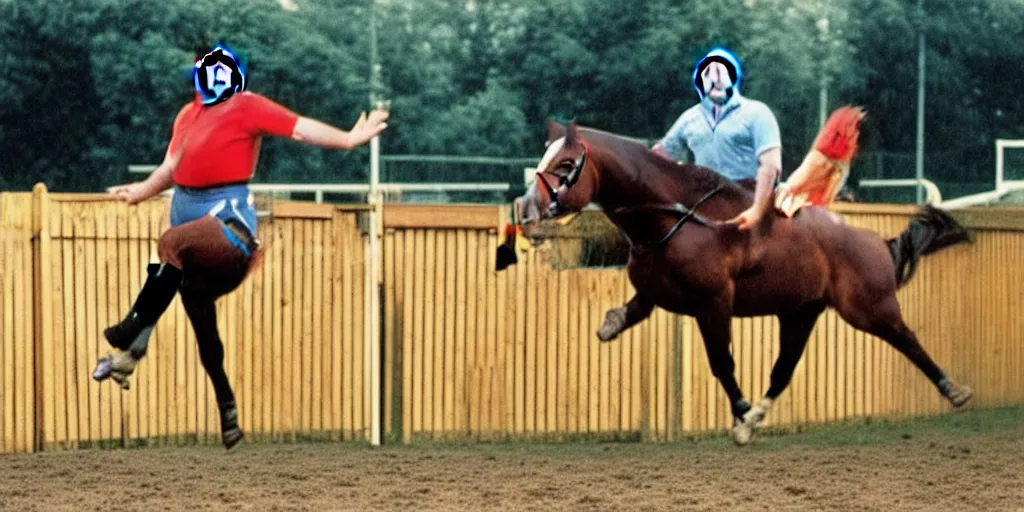 Image similar to portrait photo of geoff capes throwing a horse over a fence