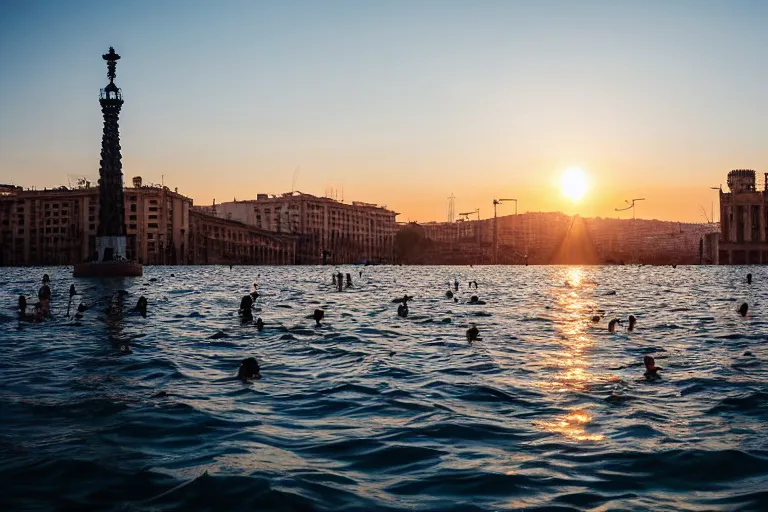 Image similar to views of catastrophic barcelona covered with water and refugees in buildings, global warming, sunset lighting, photo real