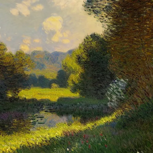 Prompt: A golden river flows through a serene valley, lots of flowers, sheep grazing, by monet, greg Rutkowski, trending on artstation