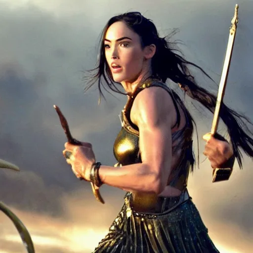 Image similar to the greek goddess athena in battle, scene from live action movie, starring megan fox