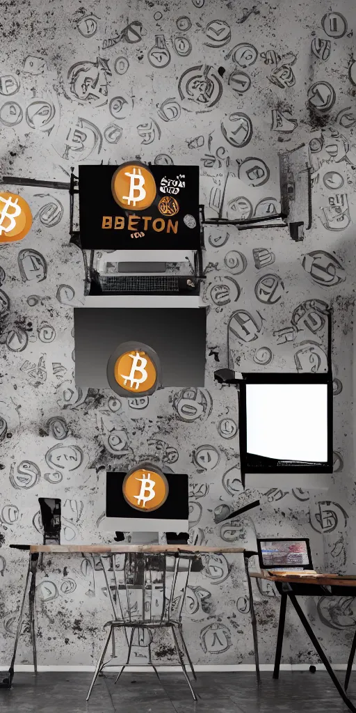 Image similar to typical cryptocurrency nerd, bitcoin decals on wall, sitting in front of the computer, shilling, dark basement decay, fat and dirty, scruffy looking, claustrophobia, humidity in walls, award - winning photomanipulation