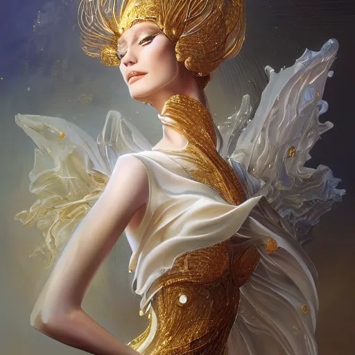 Image similar to a beautiful woman wearing a white dress made of silk with golden ornaments and diamonds jewelry by alex gray and android jones , Karol Bak, Ayami Kojima, Amano , concept art, character design, fantasy,3D, 8k resolution