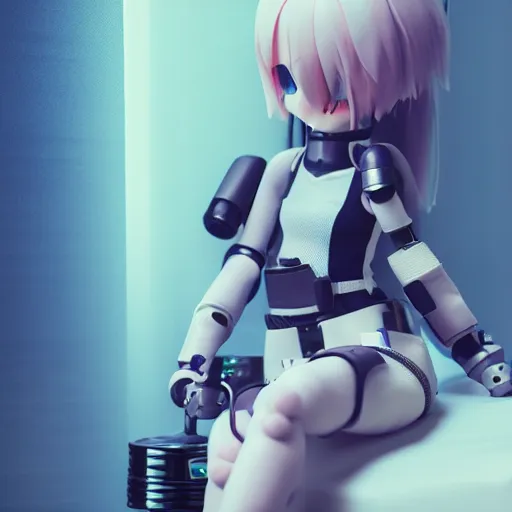 Prompt: cute fumo plush of a girl with a prosthetic mechanical arm, bokeh, cyberpunk anime girl, vray