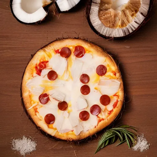 Image similar to a coconut ((🍕)) made entirely out of 🥥 , 🥥 🍕 hybrid, 4k food photography