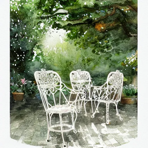 Image similar to delicate queen, chairs, garden, paved, botanic watercolors, iridescent, 8 k, realistic shaded, fine details, artstation, italian, iron gate, tree, mediterranean, marvelous