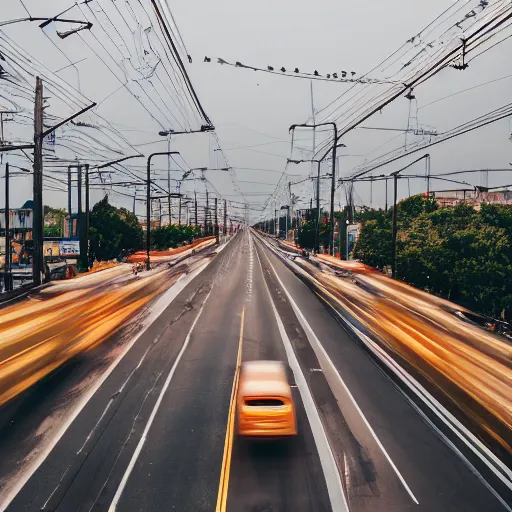 Image similar to a stunning aesthetic wallpaper of a city highway full of traffic with a train track and bus lane nearby, photograph by wes anderson, 8 k, soft focus, cinematic lighting, trending on flicker, super resolution.