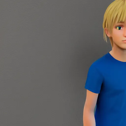 Image similar to a detailed full body image of boy with blonde hair and blue eyes wearing a black tshirt, unreal engine 5 rendered, incredibly highly detailed and realistic, 8 k, sharp focus, studio quality