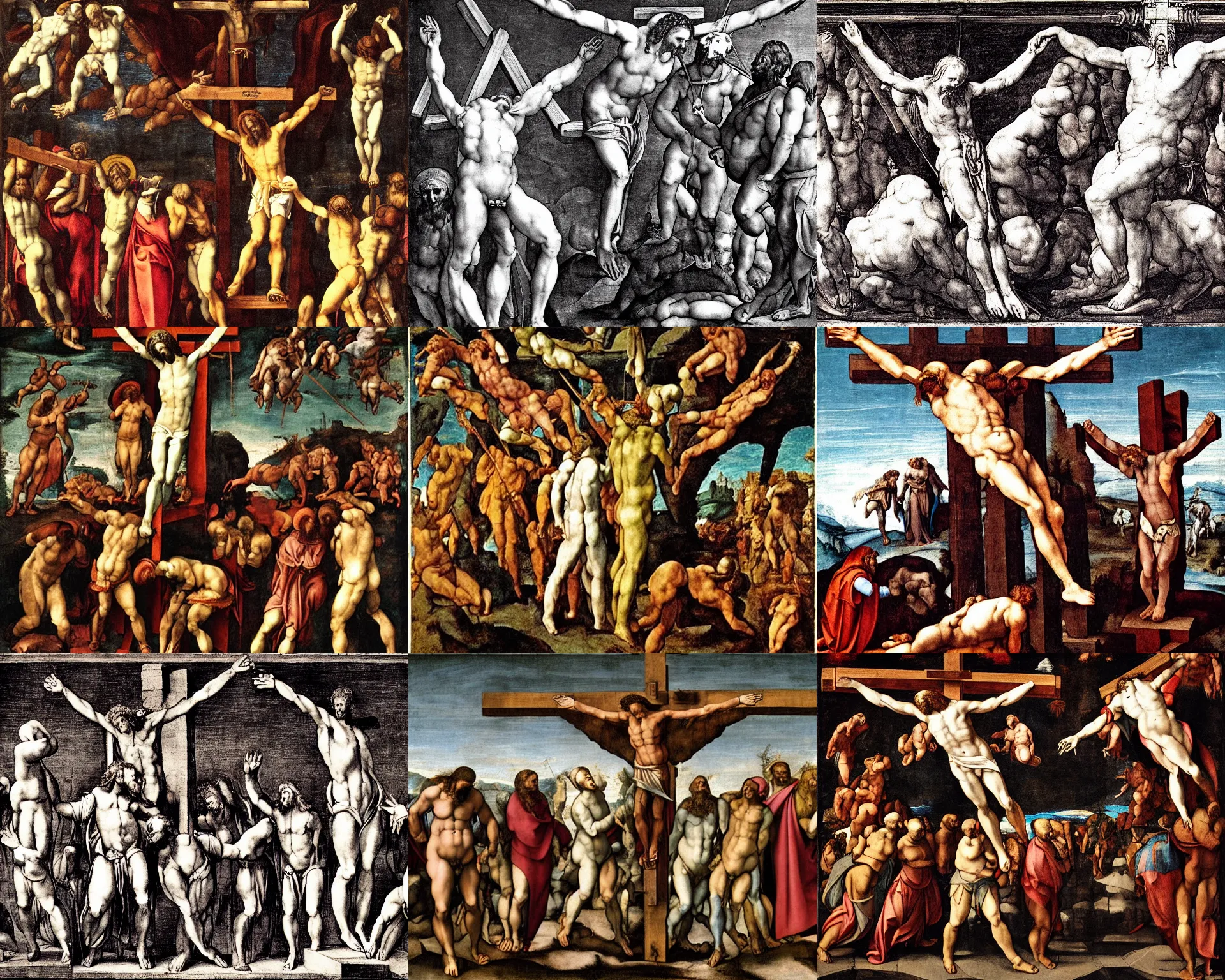 Prompt: the crucifixion of satan, goat head and cloven hoofs by michelangelo