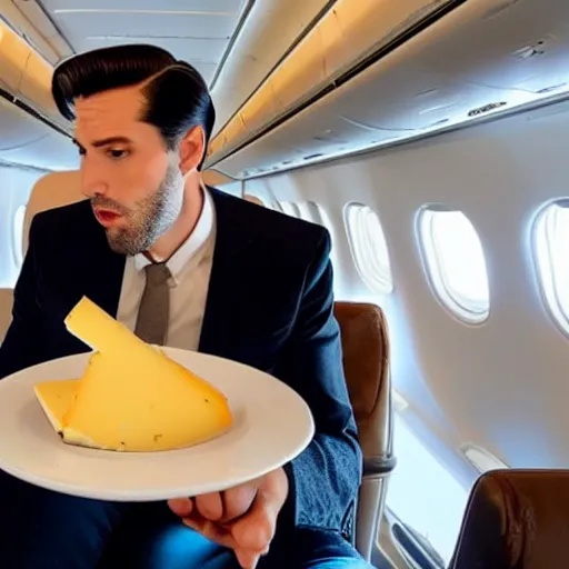 Prompt: a tall attractive man with slicked back brown hair eating cheese on an airplane