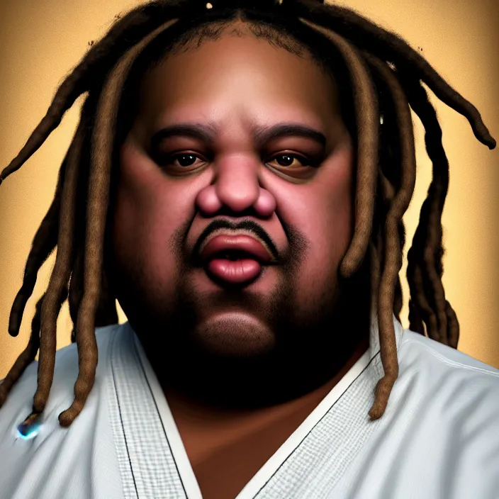 Image similar to hyperrealistic mixed media portrait of a moridly obese black man with dreads wearing a gi, doing martial arts, 8k octane beautifully detailed render, post-processing, extremely hyperdetailed, trending on artstation