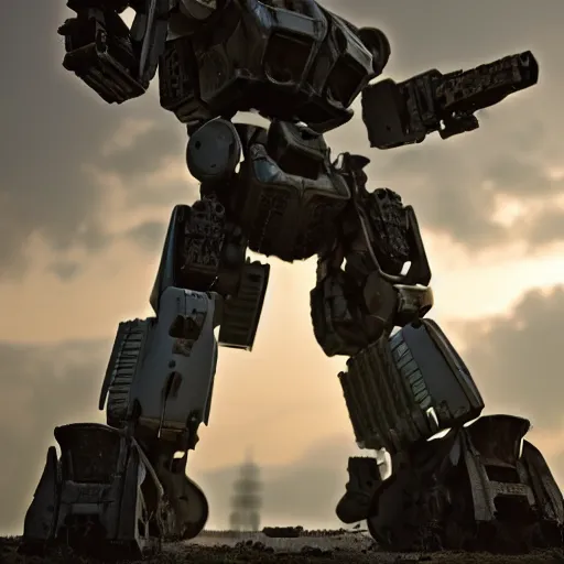 Image similar to centurion battle mech, battle damaged, shallow depth of field, moody lighting, 8 k,