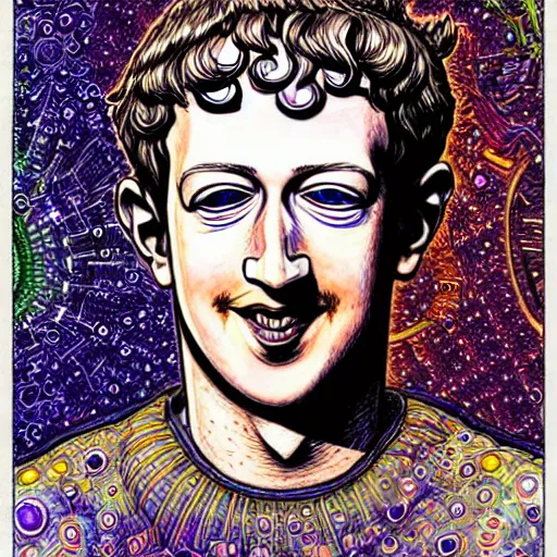 Image similar to the inner self of mark zuckerberg, clockwork engine, psychedelic, lsd, spiritual, mystical, epic beautifully detailed pen, ink and copic markers drawing by milo manara