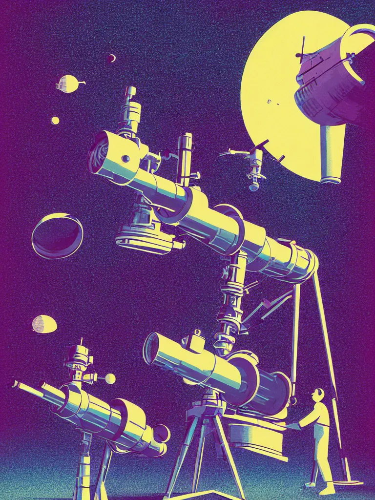 Image similar to ( ( strong dither ) ), editorial illustration scientific lab test tube telescope microscope astronaut, colorful modern, mads berg, karolis strautniekas, christopher balaskas, fine texture, dynamic composition, detailed, matte print, dynamic perspective, halftone texture, muted color, lomography, risograph