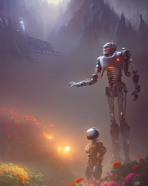 Image similar to friendly carrot cyborg, robocop, scifi farm, morning light, aura of carrots, weather station, flowers, cinematic, mountains, epic design, atmosphere, welcoming smile, high quality, perfect, 8 k high detail, masterpiece, trending on artstation, by akihiko yoshida, marco plouffe