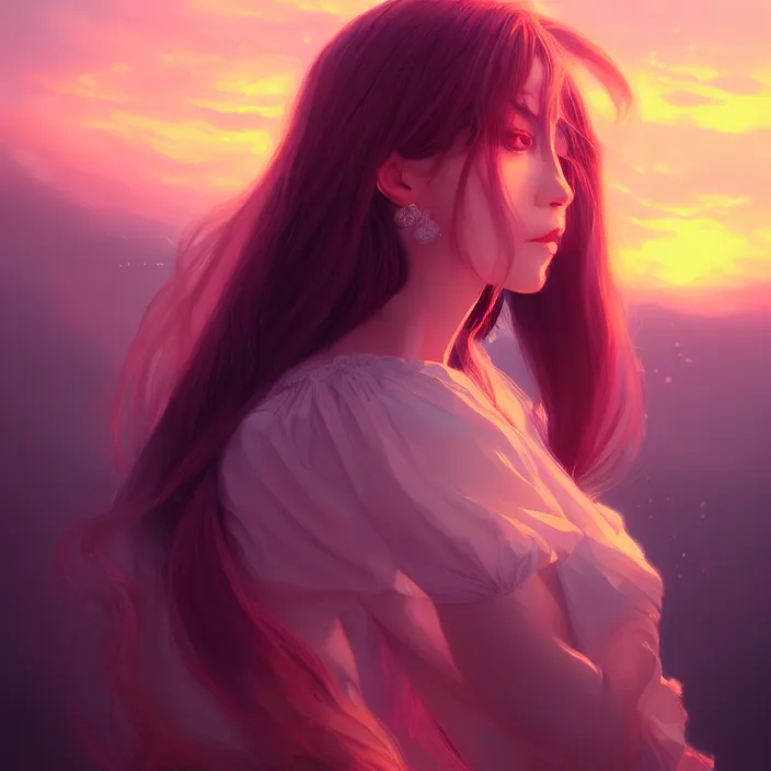 Prompt: Portrait of a beautiful elegant woman colors, sunset, fantasy, anime, vibrant, intricate details, trending on ArtStation, Deviantart, by WLOP