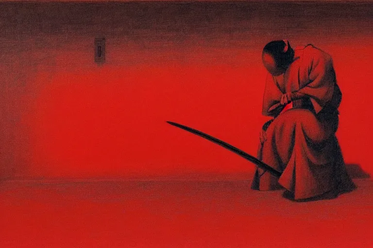 Image similar to only with red, a red samurai do seppuku, tokio, a lot of frogs watch, in the style of beksinski, parts by edward hopper, parts by rodcenko, parts by yue minjun, intricate and epic composition, red by caravaggio, insanely quality, highly detailed, masterpiece, red light, artstation, 4 k