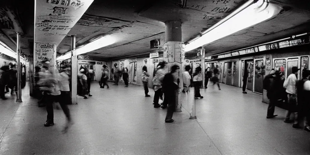 Prompt: new york subway station 1 9 8 0 s all in graffiti, passengers, night, film photography, exposed b & w photography, blurry, christopher morris photography, bruce davidson photography