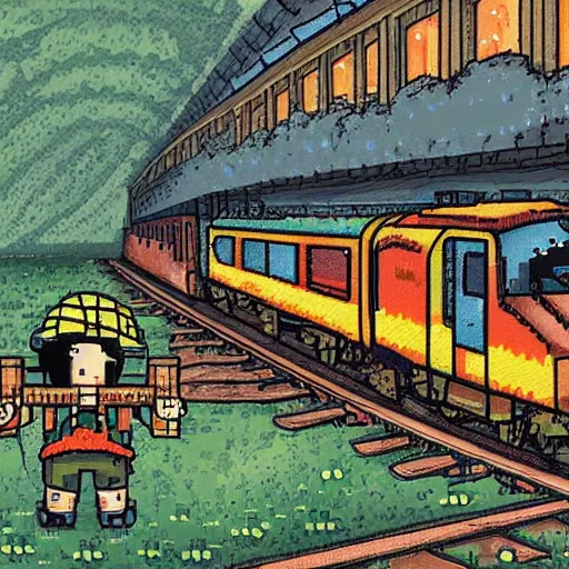 Prompt: portrait of a lazy miner, train station background, high detail, 8 - bit pixel art, cute, by studio ghibli