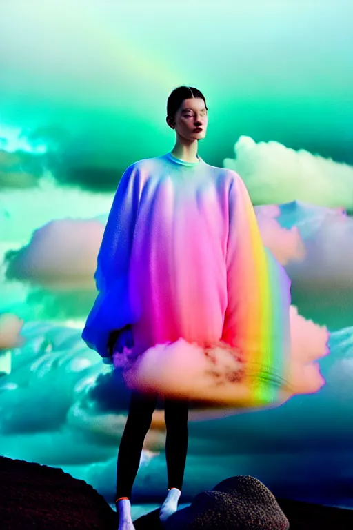 Image similar to high quality pastel coloured film close up wide angle photograph of a model wearing clothing resting on cloud furniture in a icelandic black rock!! environment in a partially haze filled dreamstate world. three point light, rainbow. photographic production. art directed. pastel colours. volumetric clouds. pastel gradient overlay. waves glitch artefacts. extreme facial clarity. 8 k. filmic.