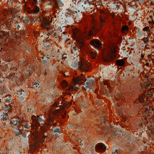 Prompt: mars aerial photography, crusty rusty white drizzled icky amoeba nasty collage mixed media