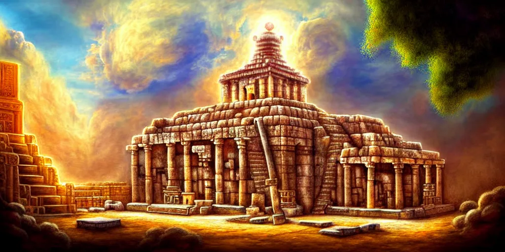 Image similar to illusion painting hidden temple in the clouds : an adorable small fox in the huge ruins of the second temple in jerusalem. a new temple hovers quietly hiding in the dreamy clouds above. a hooded bearded old man in a brown tunic laughing, colorful 8 k, art station, intricate superb details, digital art, illusion painting hidden image.