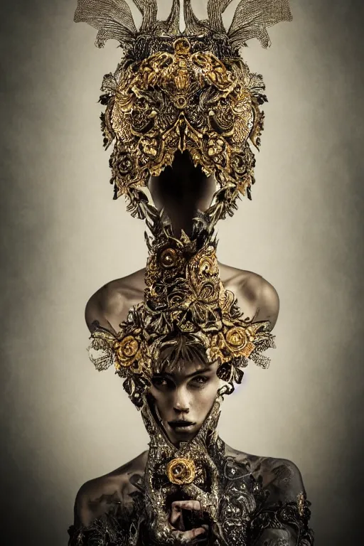 Prompt: a portrait of female by stefan geselle and nekro borja, photorealistic, intricate details, hyper realistic, fantasy, elegant, ornate metal gold headpiece, photorealistic, canon r 3, photography, wide shot, symmetrical features, wide angle shot, low angle shot, standing pose, feet on the ground, wearable art