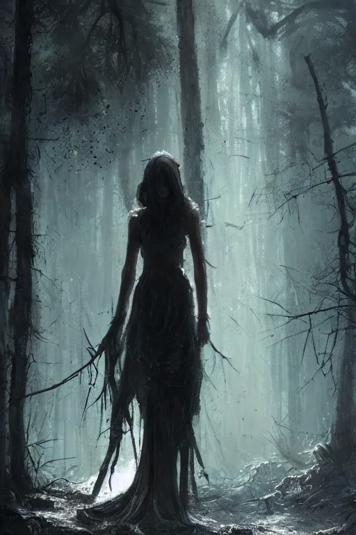 Image similar to a young woman covered in cobwebs, dramatic lighting, cinematic, dark forest, greg rutkowski