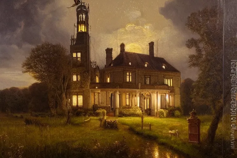 Image similar to a beautiful hyperrealistic painting of a british victorian house with a tower at night, very detailed by andrea kowch, and giovanni paolo paninni and samuel and joseph newsom