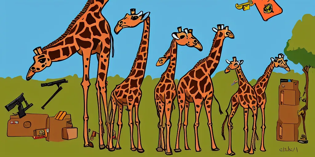 Prompt: giraffe army, guns and ammo, illustration, cartoon