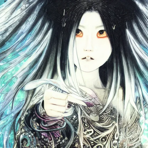 Image similar to yoshitaka amano blurred and dreamy realistic illustration of a young japanese woman with black eyes, wavy white hair fluttering in the wind wearing elden ring armor with engraving, abstract patterns in the background, satoshi kon anime, noisy film grain effect, highly detailed, renaissance oil painting, weird portrait angle, blurred lost edges, three quarter view