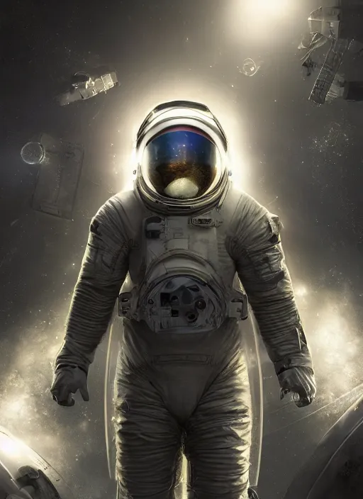 Image similar to poster art by craig mullins astronaut in futuristic dark and empty spaceship underwater. infrared glowing lights. complex and hyperdetailed technical suit. reflection and dispersion materials. rays and dispersion of light. volumetric light. 5 0 mm, f / 3 2. noise film photo. flash photography. unreal engine 4, octane render. interstellar poster