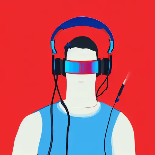 Image similar to a man, in red and blue spotlights, holds on to the headphones on his head, he wears dark visors, cyber songman, cyberpunk style portrait