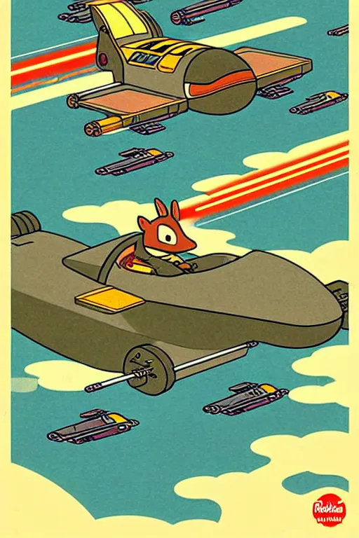 Image similar to by richard scarry. a platypus driving an x - wing. a 1 9 5 0 s retro illustration. studio ghibli. muted colors, detailed