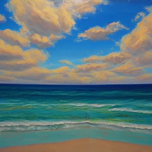 Prompt: oil paint impasto reliefs, australian beach scene, super realistic, influenced by constables cloud studies, painted with expressive paint and cumulus clouds,