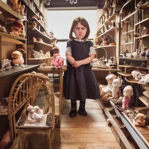 Prompt: victorian child standing in a doll maker's shop looking at all of the dolls, 8 k, soft lighting, highly detailed realistic, face in focus