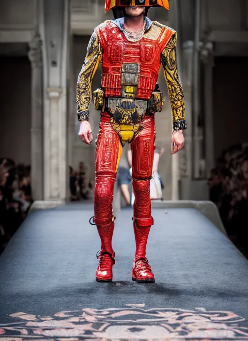 Prompt: hyperrealistic and heavy detailed versace runway show of judge dredd, leica sl 2 5 0 mm, vivid color, high quality, high textured, real life