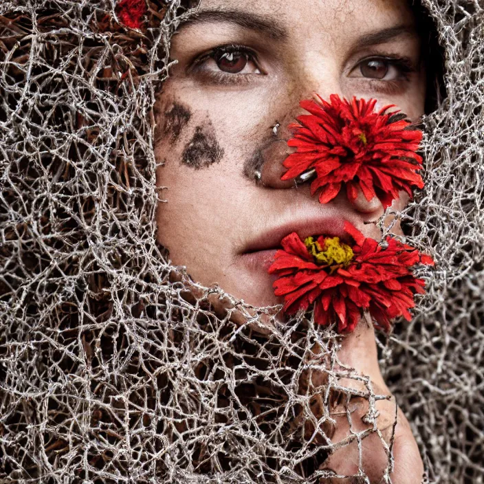 Prompt: a closeup portrait of a woman wearing a hooded cloak made of zinnias and barbed wire, in a derelict house, detailed face, CANON Eos C300, ƒ1.8, 35mm, 8K, medium-format print