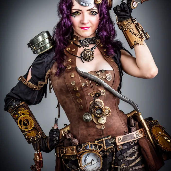 Prompt: professional photograph of a beautiful! female steampunk warrior. Extremely detailed. 8k