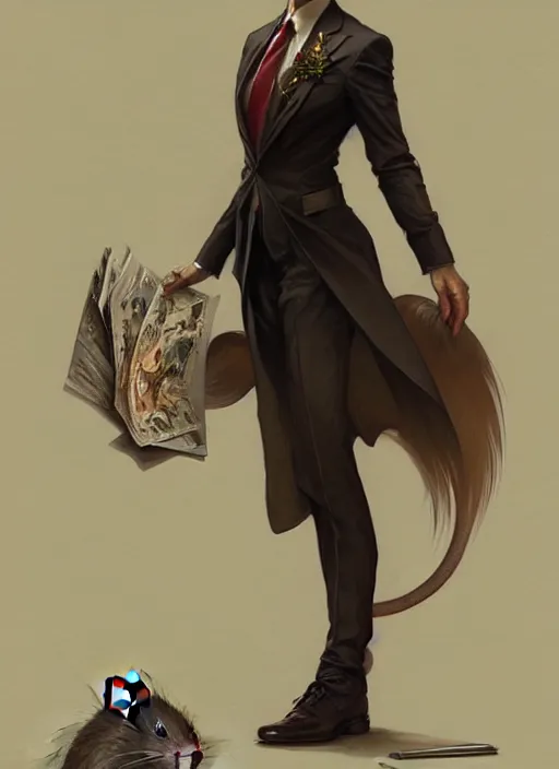 Prompt: a rat in corporate clothes, portrait, intricate, elegant, highly detailed, digital painting, artstation, concept art, wallpaper, smooth, sharp focus, illustration, art by artgerm and greg rutkowski and alphonse mucha