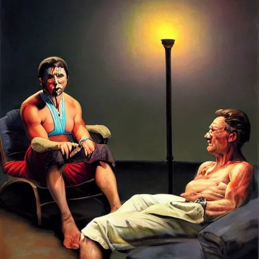 Image similar to well entertained happy white couple being lobotomized watching television, by frank frazetta, jeff easley, realistic, dramatic lighting, fantastic reality, 8 k resolution