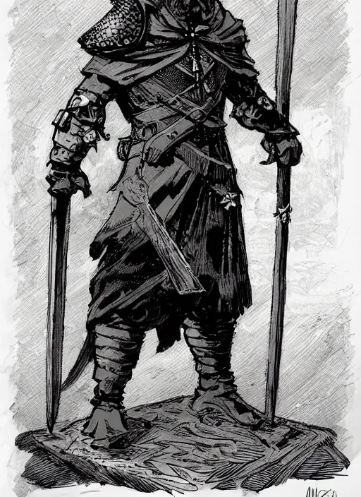 Image similar to character design concept art illustration reference of a medieval warrior. by Mike Mignola and Rebecca Guay.